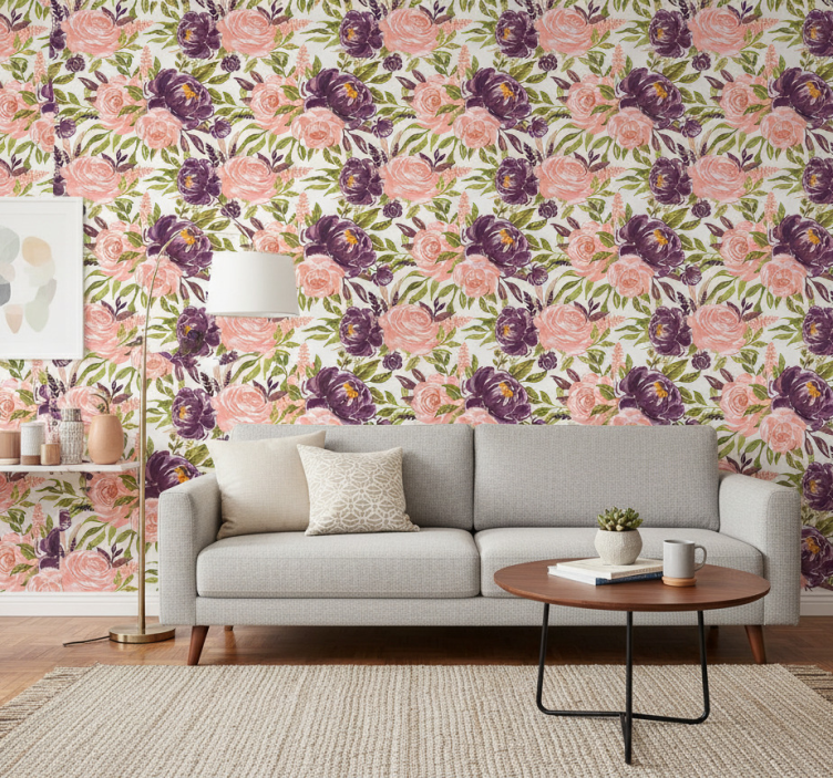Fondtapet vardagsrum charmiga akvarellblommor - Tenstickers