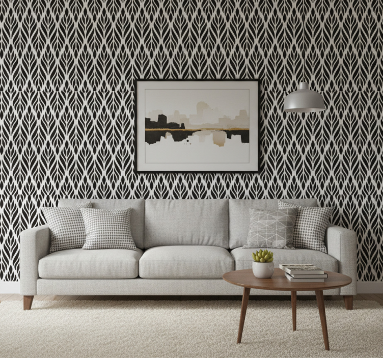 Fondtapet vardagsrum eleganta svarta blad - Tenstickers