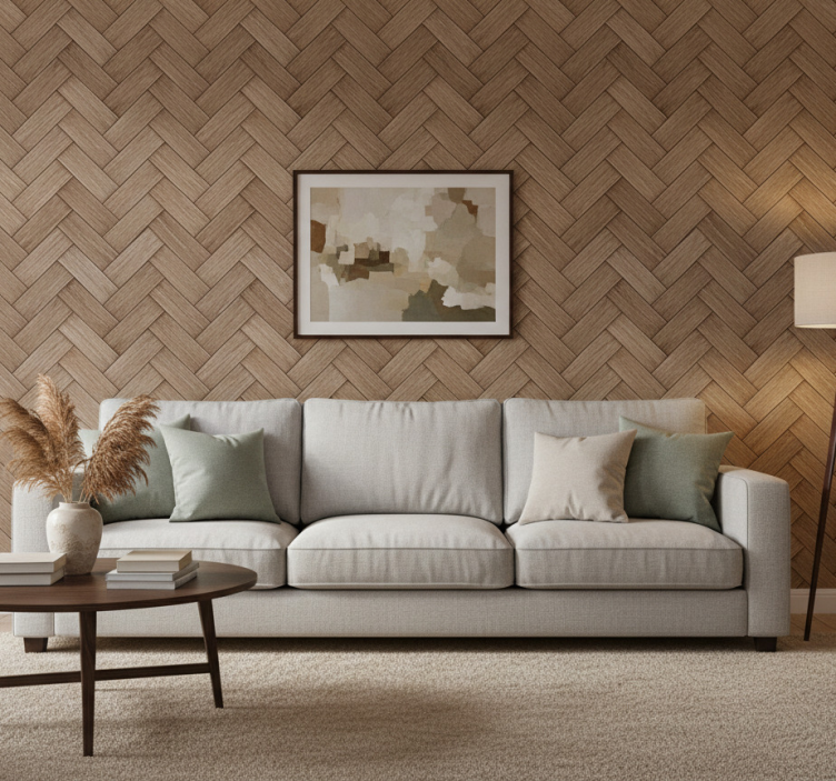 Fondtapet vardagsrum flätad trälook - Tenstickers