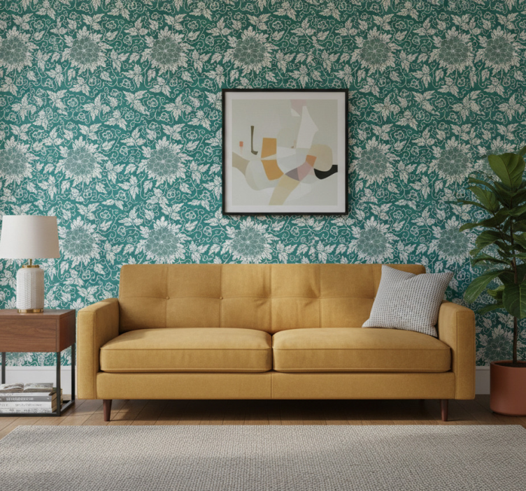 Fondtapet vardagsrum gammaldags blommönster - Tenstickers