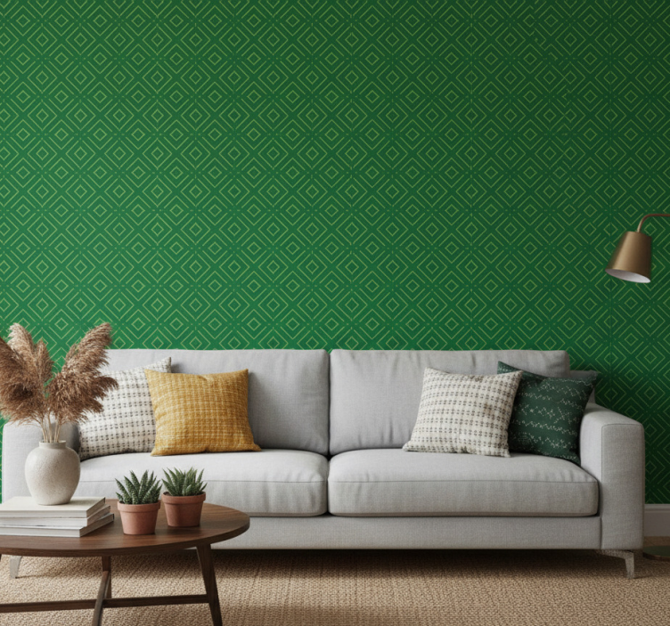 Fondtapet vardagsrum geometriskt grönt mönster - Tenstickers