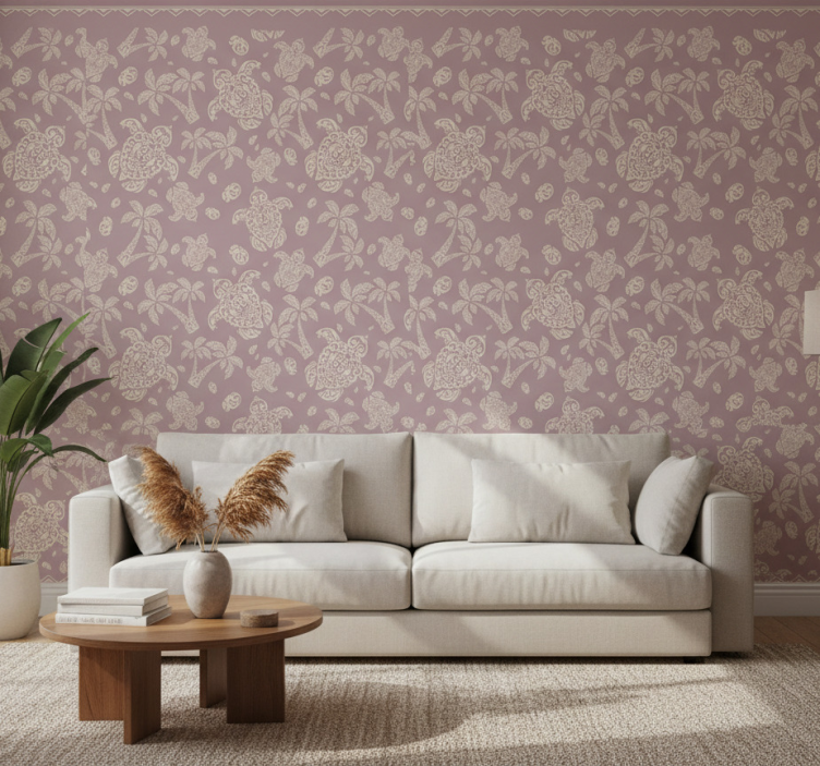 Fondtapet vardagsrum hawaiiansk sköldpadda och palm mönster - Tenstickers