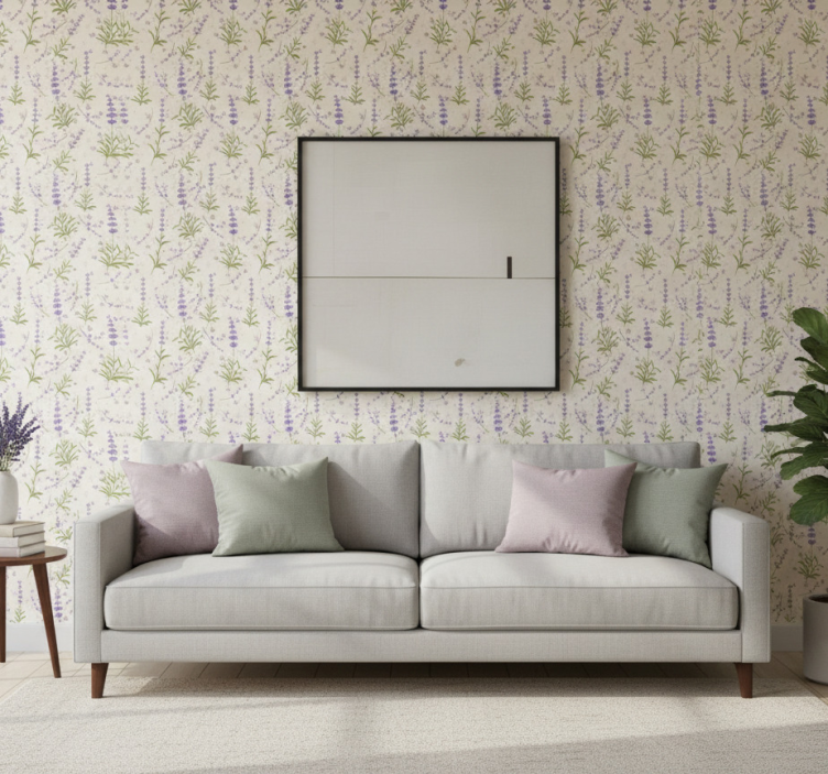 Fondtapet vardagsrum lavendelblommönster - Tenstickers