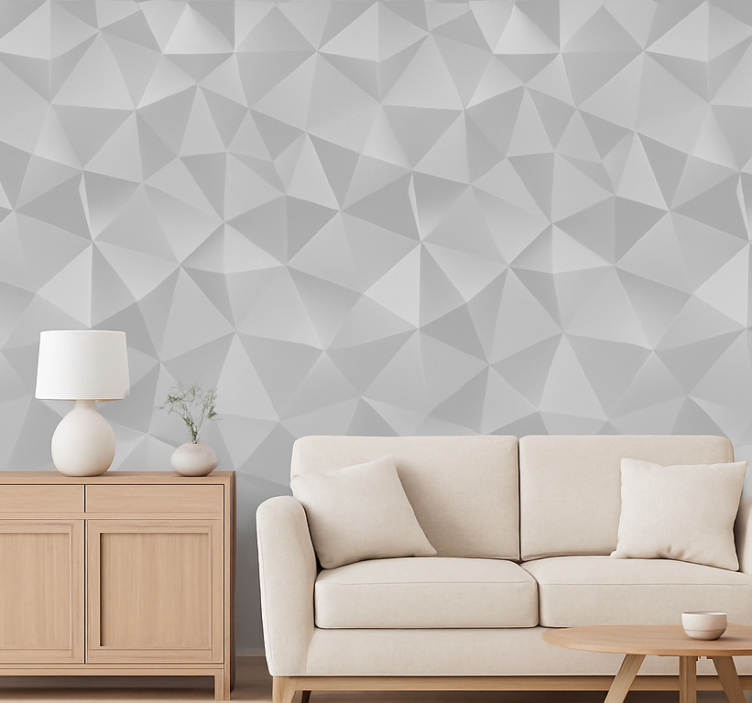 Fondtapet vardagsrum ljusgrå 3d trianglar - Tenstickers