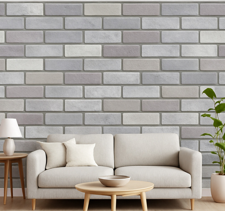 Fondtapet vardagsrum ljusgrå tegelstenar - Tenstickers
