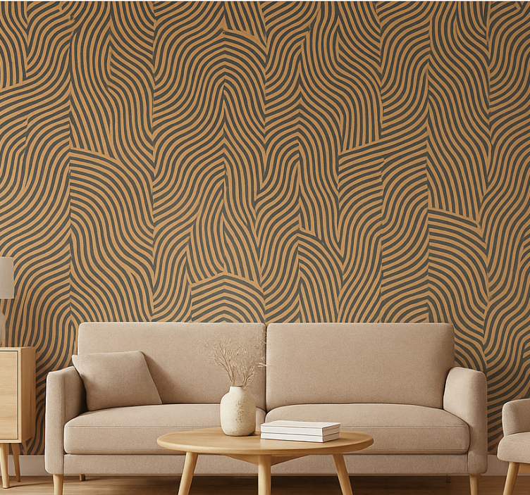 Fondtapet vardagsrum moderna svarta och orange linjer - Tenstickers