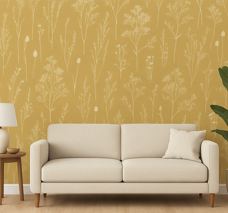 Fondtapet vardagsrum ocher nordisk blommig - Tenstickers