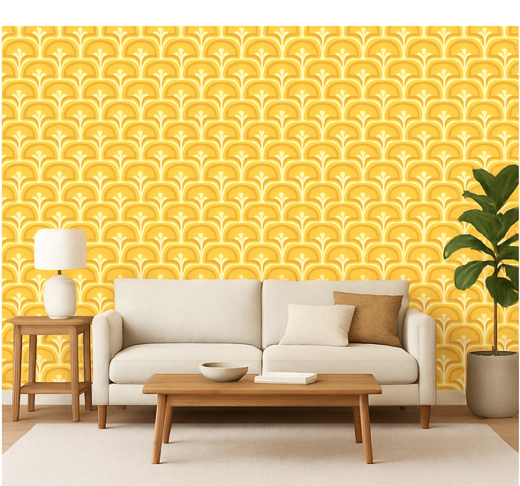 Fondtapet vardagsrum retro 70-tals gula figurer - Tenstickers