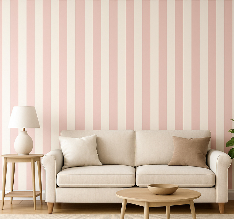 Fondtapet vardagsrum rosa och vita ränder - Tenstickers