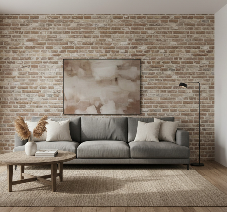 Fondtapet vardagsrum rustik återvunnen tegel - Tenstickers