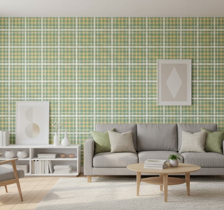 Fondtapet vardagsrum rutigt mönster tekstil - Tenstickers