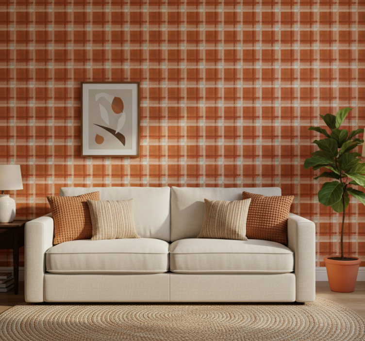 Fondtapet vardagsrum rutmönstrad värme - Tenstickers