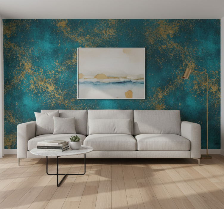 Fondtapet vardagsrum sliten teal prickar - Tenstickers