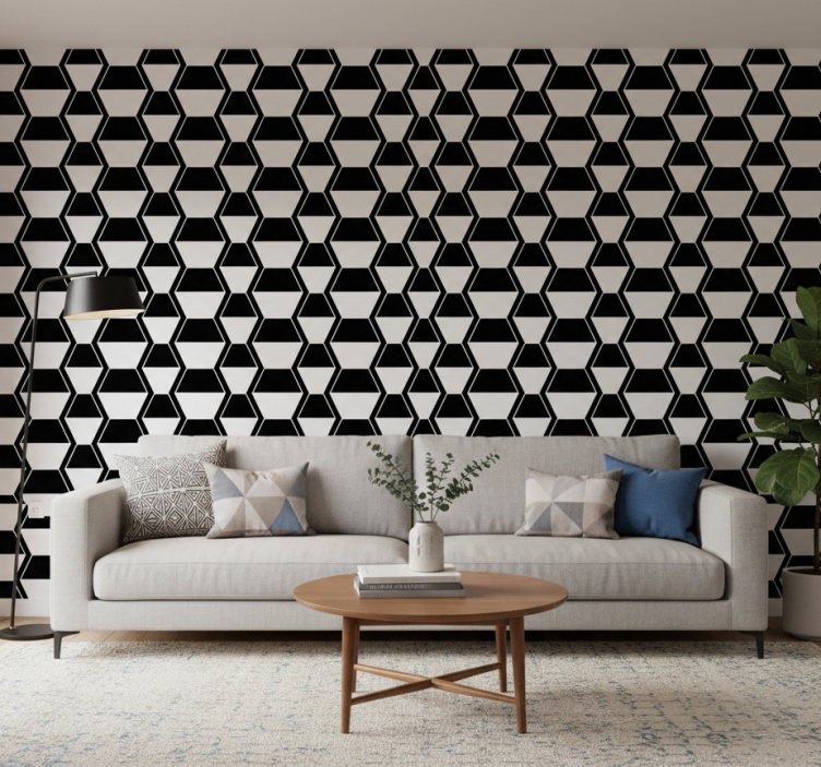Fondtapet vardagsrum svart vit hexagoner - Tenstickers