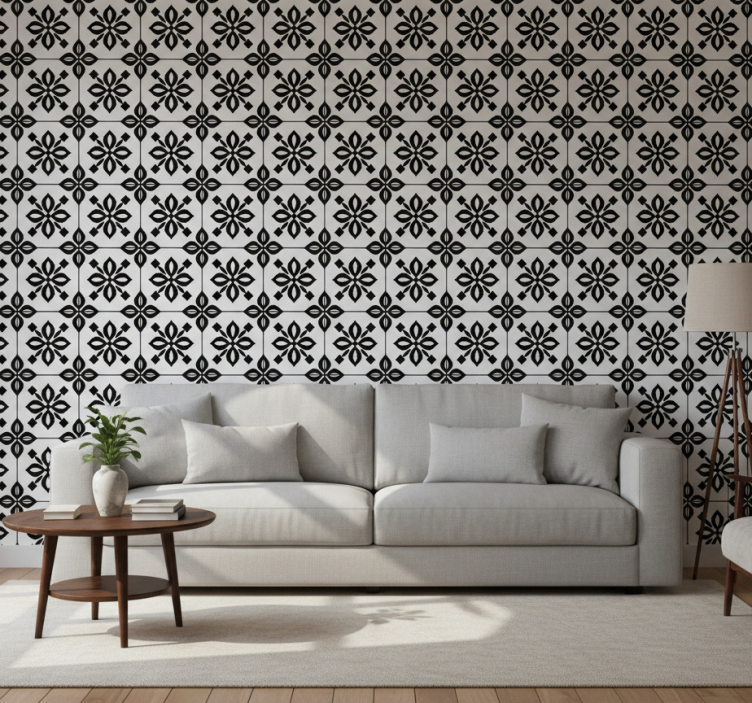 Fondtapet vardagsrum svart vit mosaik - Tenstickers