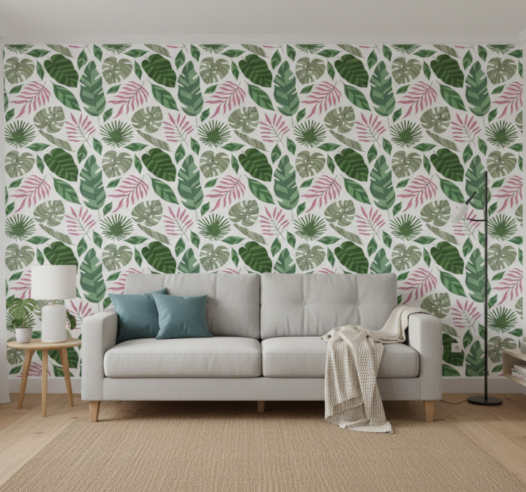 Fondtapet vardagsrum tropisk grönsketema - Tenstickers