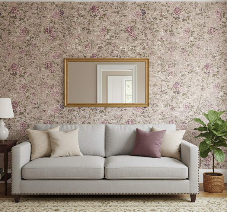 Fondtapet vardagsrum vintage blommor lila - Tenstickers