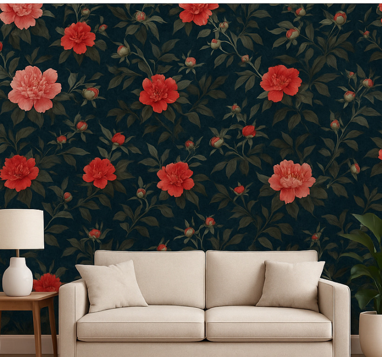 Fondtapet vardagsrum vintage mörk botanisk - Tenstickers