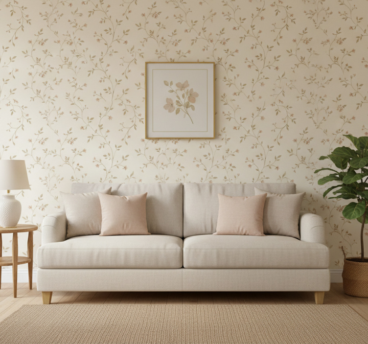 Fondtapet vardagsrum vit bakgrund med blommor - Tenstickers