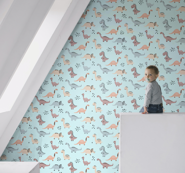 Blå bakgrund med olika dinosaurie tapeter - Tenstickers