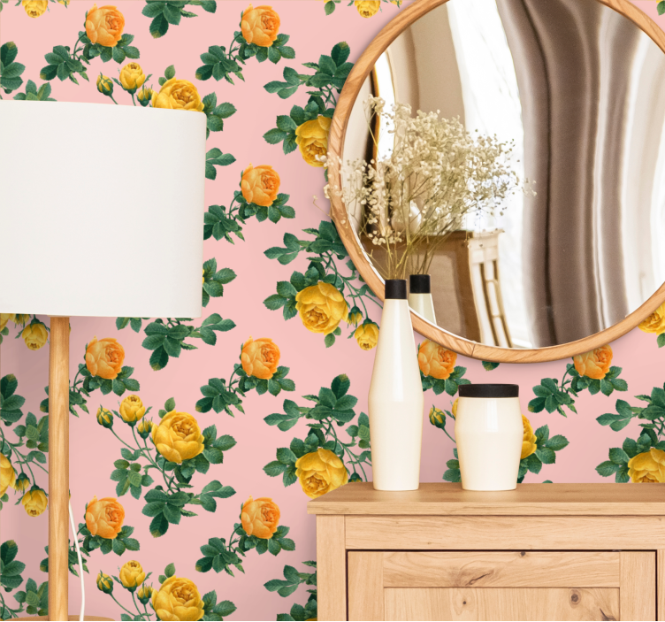 Gula rosor och gröna blad blommig tapet - Tenstickers