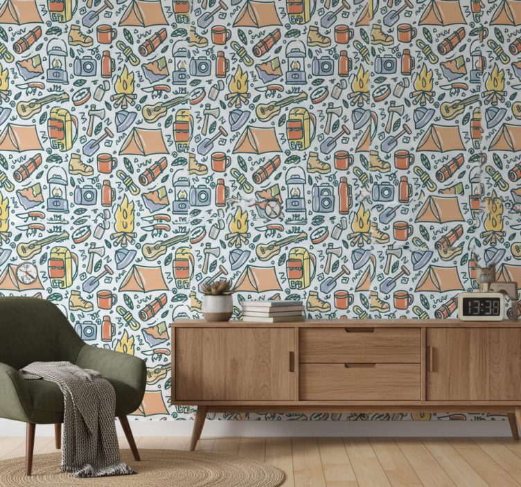 Handritade berg och campinggrejer tapet sovrum - Tenstickers