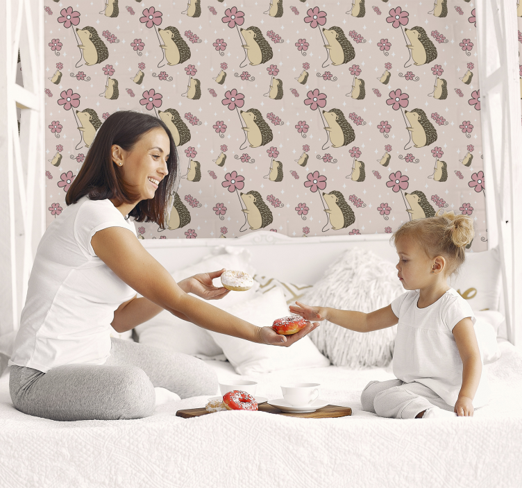 Igelkott och blomma design Dyr tapet - Tenstickers