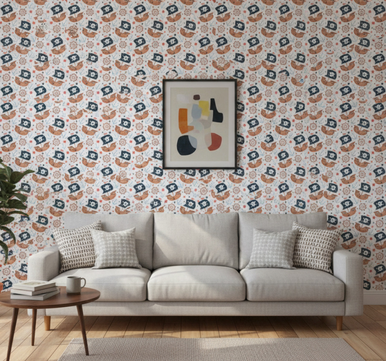 Modern tapet söt tecknad piratskepp mönster - Tenstickers