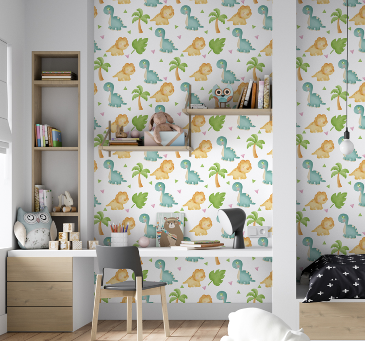 Olika dinosaurier och buskar barn tapet - Tenstickers