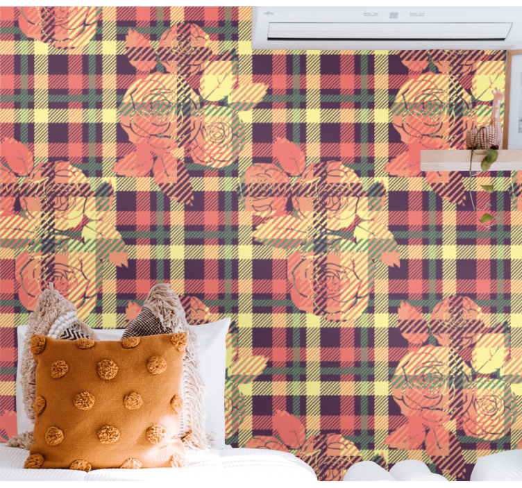 Orange rutmönster med ornament tapet - Tenstickers