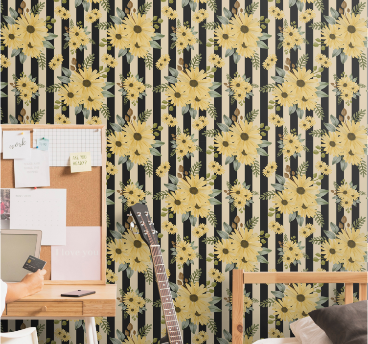 Randigt solrosmönster Tapet blommig - Tenstickers