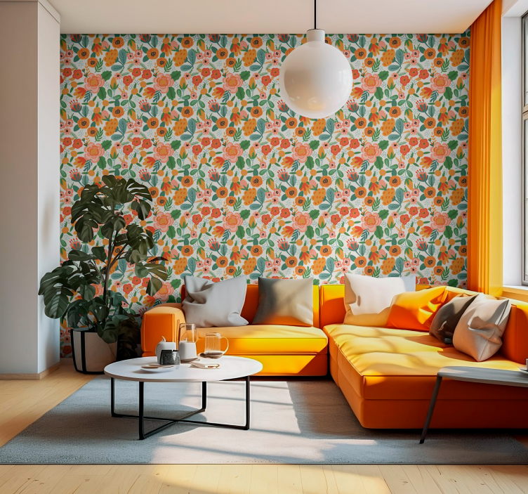 Röd och orange blommig tapet i folkstil - Tenstickers