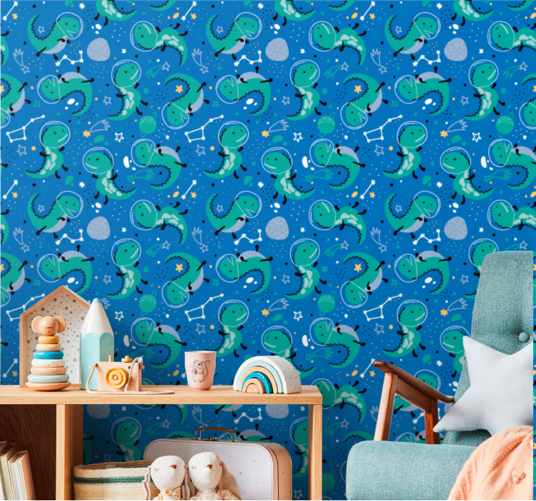 Rolig dinosaurie med planeter barn tapet - Tenstickers