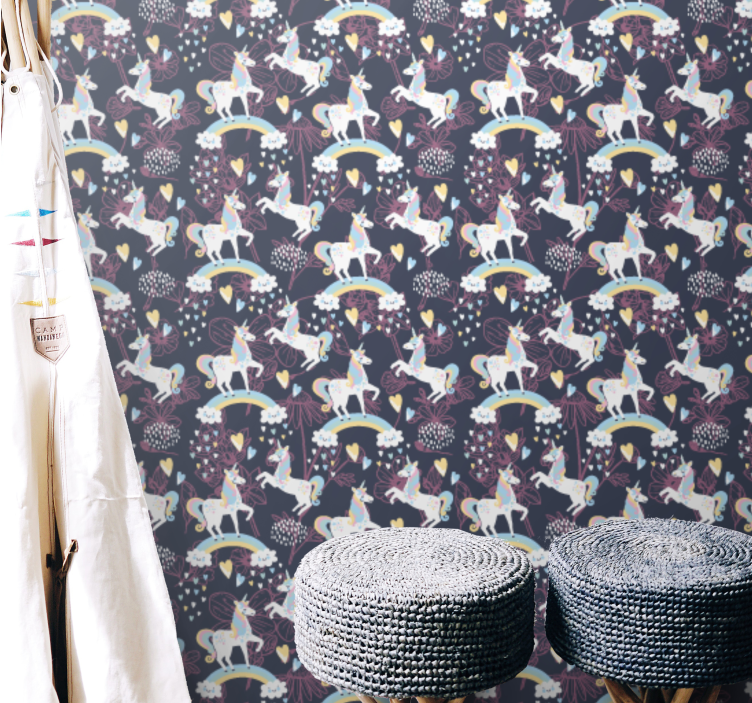 Rosa enhörningar blommönster barn tapet - Tenstickers