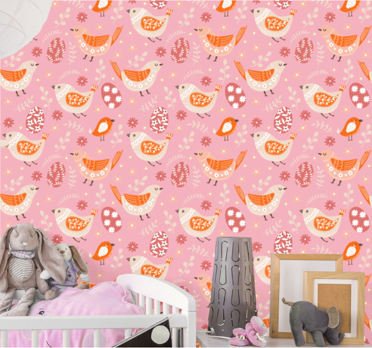 Rosa folkkonst mönster fåglar blommig tapet - Tenstickers