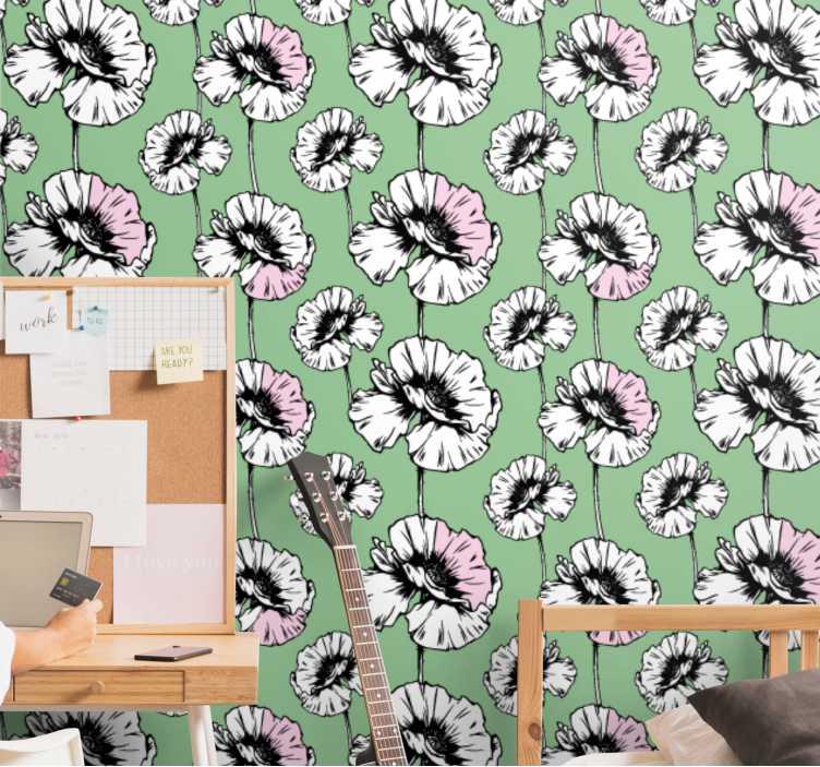 Rosa och vita vallmo Tapet blommor - Tenstickers