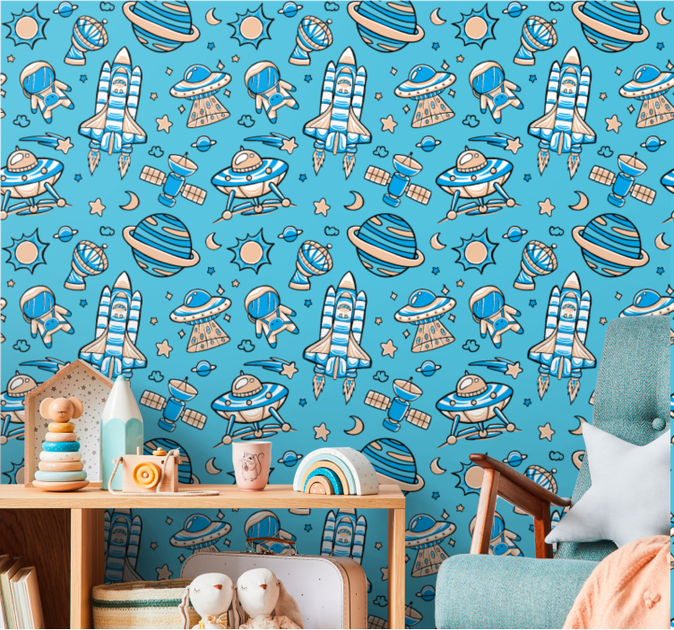 Rymdskepp starta över en blå himmel barn tapet - Tenstickers