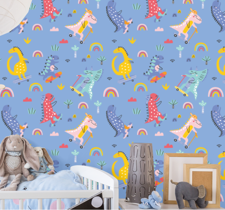 Söta skridskoåkare dinosaurier barn tapet - Tenstickers