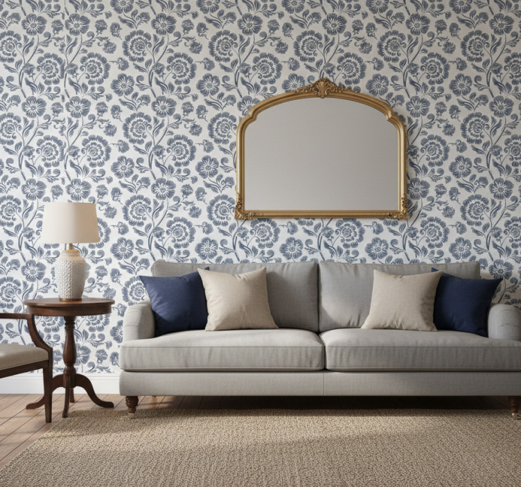 Tapet blommig blå blommor vit bakgrund viktoriansk stil - Tenstickers