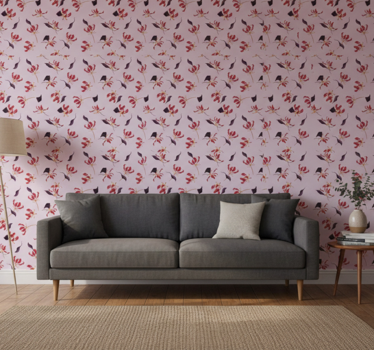 Tapet blommig handritad röd lilja design - Tenstickers