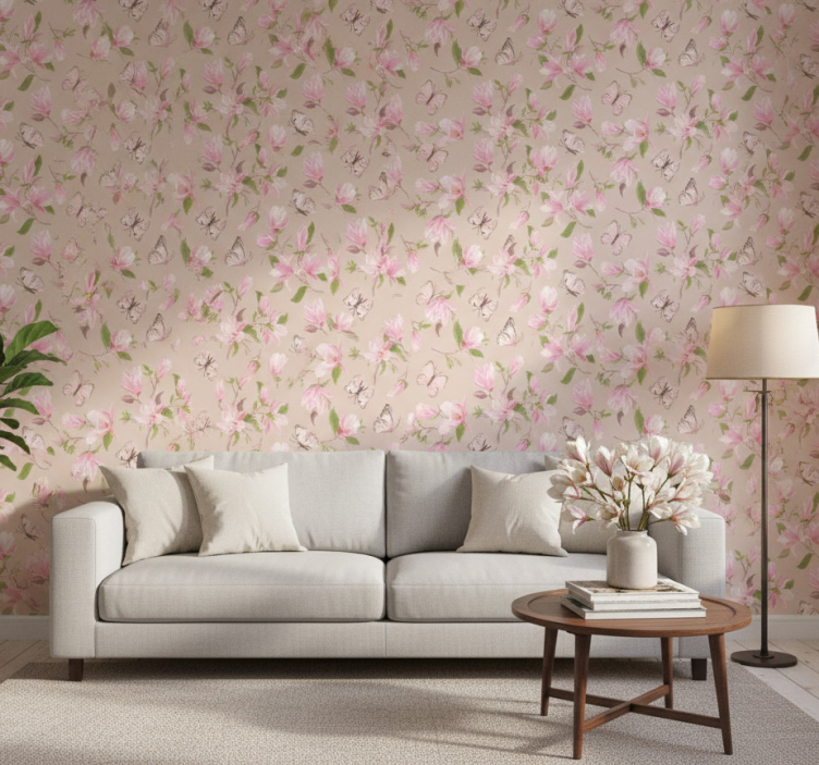 Tapet blommig rosa magnolia och fjärilar - Tenstickers