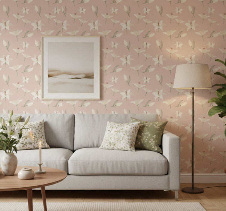 Tapet blommig vit lilja på naken bakgrund mönster - Tenstickers