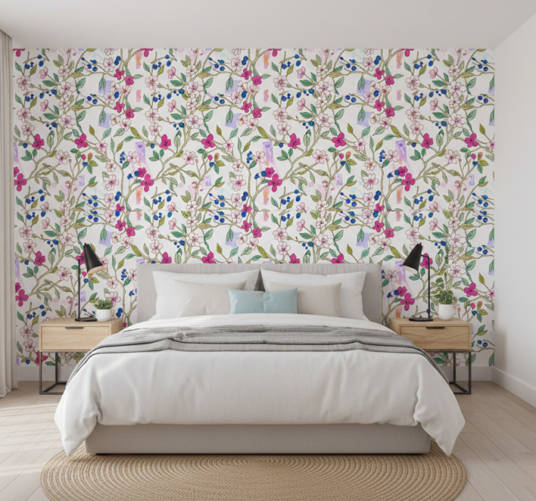 Tapet blommor färgglada blommande grenar - Tenstickers