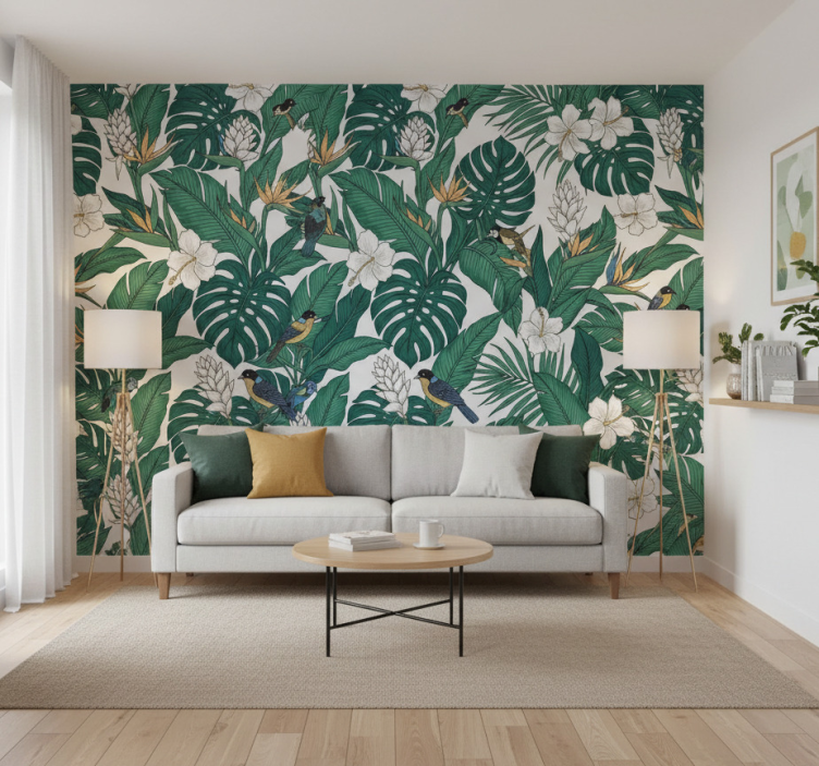 Tapet blommor i djungel petrolgrön design - Tenstickers