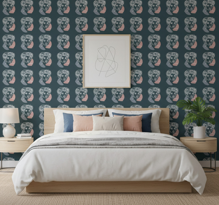 Tapet blommor minimalistisk solros med kvinna - Tenstickers