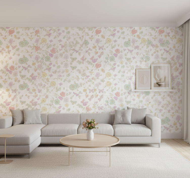 Tapet blommor mjuka färger fjäril - Tenstickers