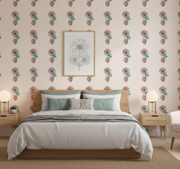 Tapet blommor prästkrage blommor linjekonst design - Tenstickers