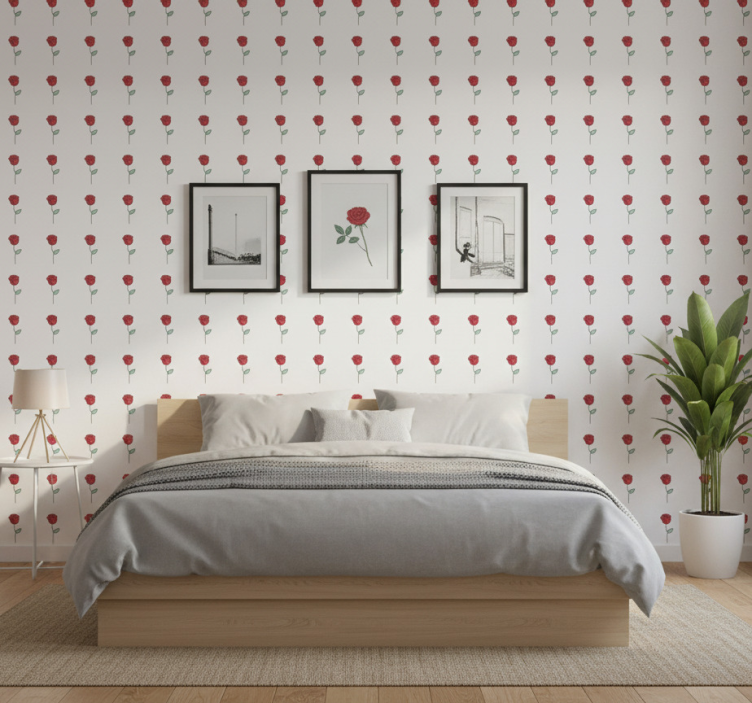 Tapet blommor söt röd ros linje konst design - Tenstickers