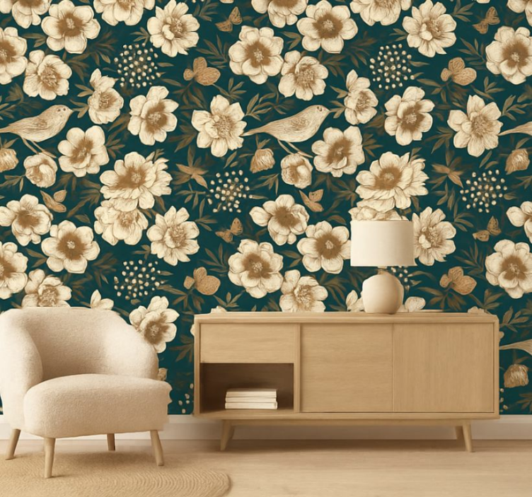 Tapet fåglar vintage botanisk chinoiserie - Tenstickers