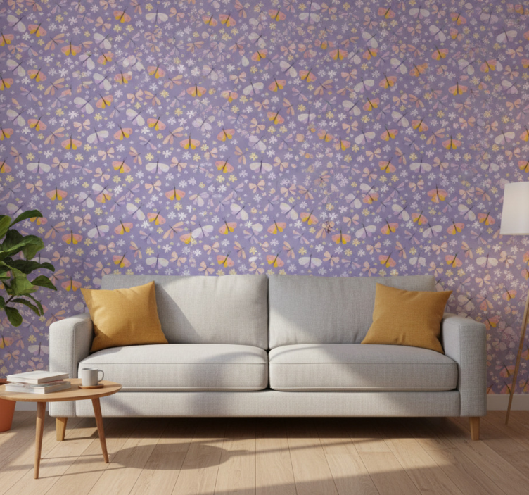 Tapet fjärilar lila eleganta blommor - Tenstickers